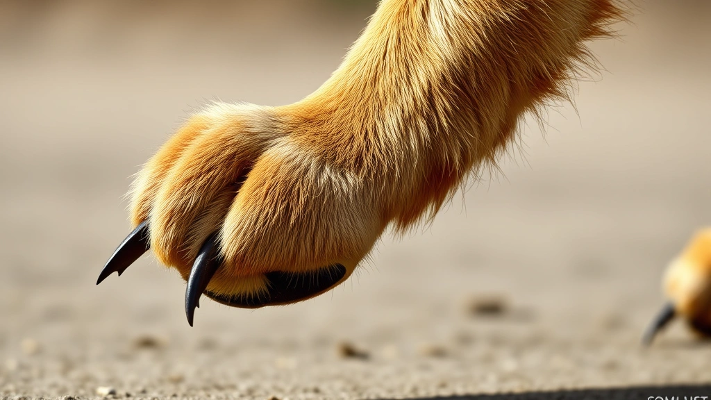 Side profile of a large dog's front paw with extended claws visible, photorealistic, showing depth and three-dimensional form with natural shadows