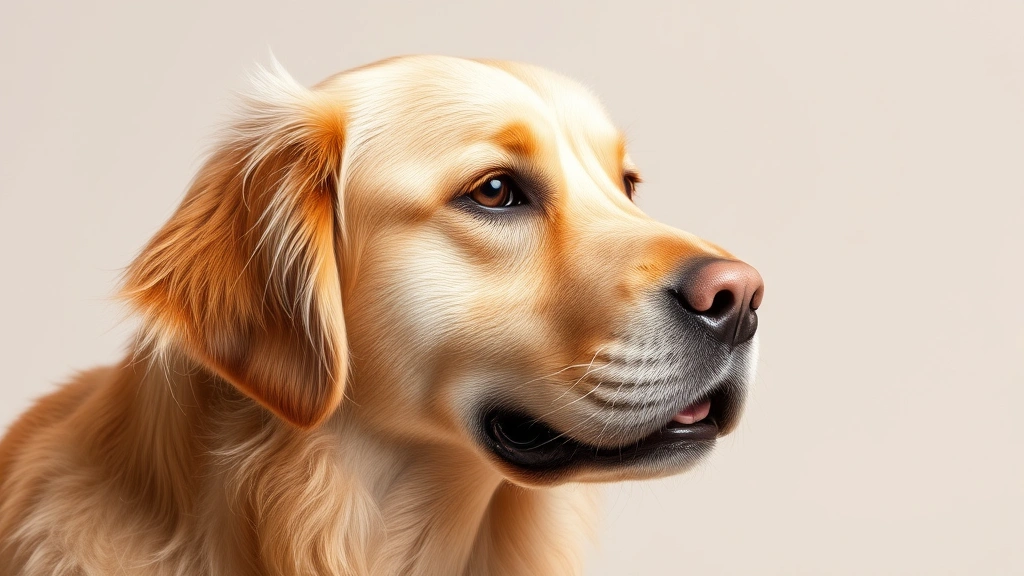 Golden Retriever's head in three-quarter view showing detailed facial features, alert expression, and soft fur texture against neutral background