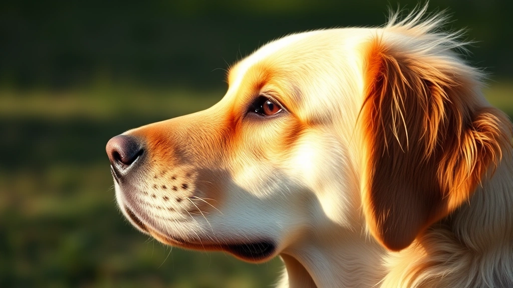 Golden Retriever head in three-quarter view showing detailed eye structure, nose detail, and ear placement with natural lighting highlighting facial features