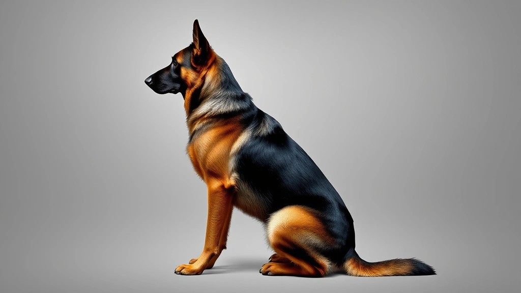 German Shepherd sitting in profile demonstrating proper body proportions, muscle definition in chest and hindquarters, and anatomical structure from shoulder to hip