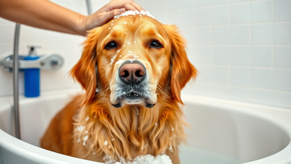 Golden retriever being bathed with warm water and shampoo in a modern bathroom, focused, serene expression, professional grooming setup