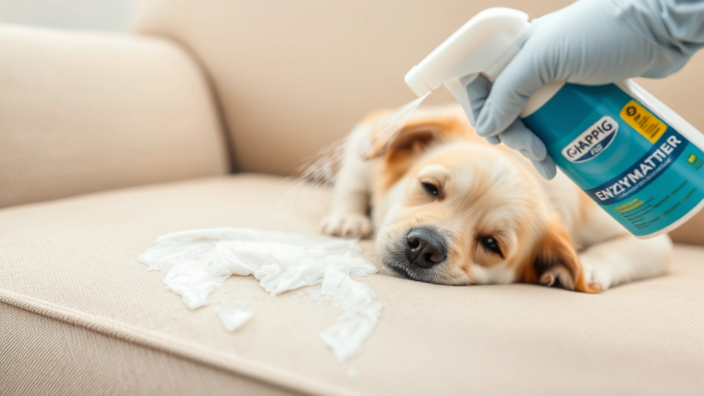Close-up of enzymatic cleaner spray being applied to beige fabric couch where a dog has rested, white foam visible on textile