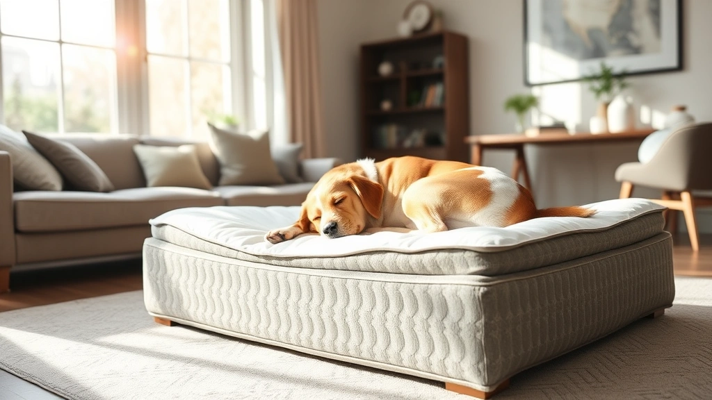 Dog sleeping peacefully on a fresh, clean orthopedic bed in a bright living room, morning sunlight streaming through windows