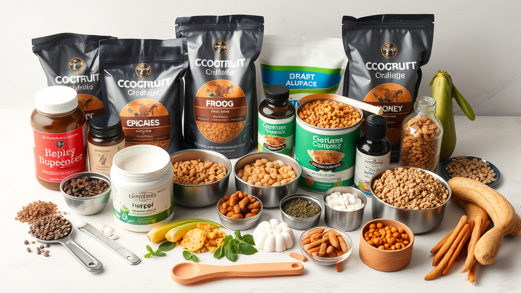 Various high quality dog foods and healthy supplements arranged on clean surface with measuring tools, nutritional focus, no text no words no letters