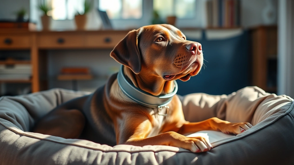 Male labrador wearing protective Elizabethan collar, sitting peacefully in a comfortable dog bed in a sunlit home environment, looking content