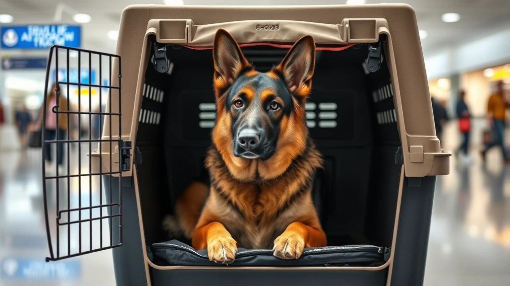 A large German Shepherd sitting calmly inside a spacious airline-approved travel crate with ventilation holes, positioned in a bright airport terminal with blurred travelers in background