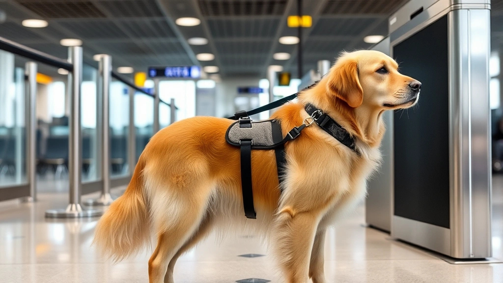 A Golden Retriever wearing a proper harness and leash, standing alert at an airport security checkpoint with glass barriers visible, calm and well-behaved
