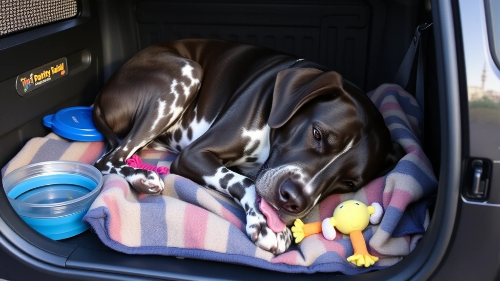 A Great Dane resting peacefully on a comfortable blanket inside a travel crate with water bowl and toys, photographed from the side showing relaxed body language