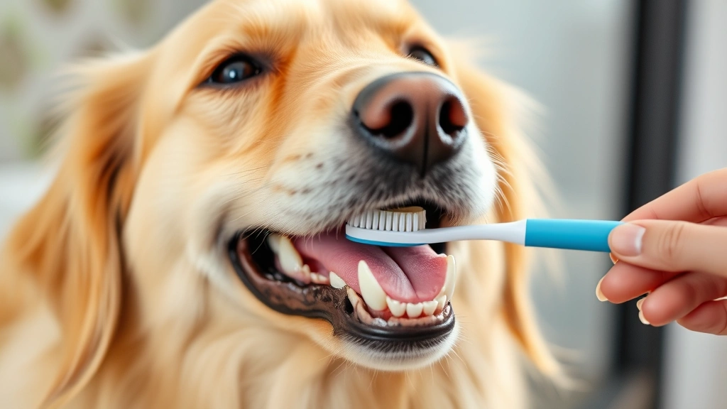 A golden retriever happily having its teeth brushed with a soft toothbrush by a caring owner's hand, showing proper dental care technique