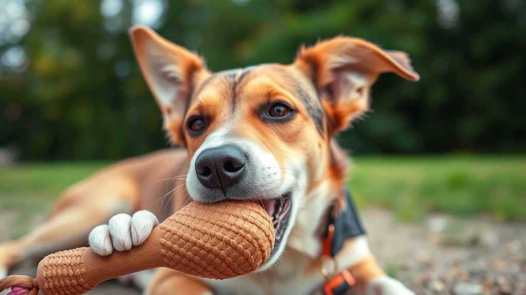 A friendly dog chewing on a textured dental toy outdoors, natural lighting, focused expression on the toy