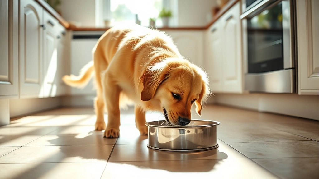Golden retriever happily lapping water from a stainless steel bowl on a sunny kitchen tile floor with natural light streaming in