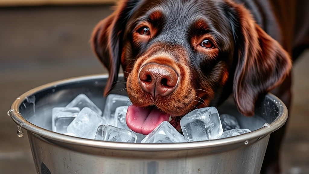 Excited chocolate Labrador playing with ice cubes in a metal water bowl, mid-lick with water droplets visible