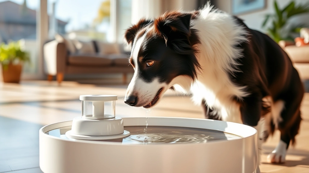 Thirsty Border Collie drinking from a modern pet water fountain in a bright living room with afternoon sunlight