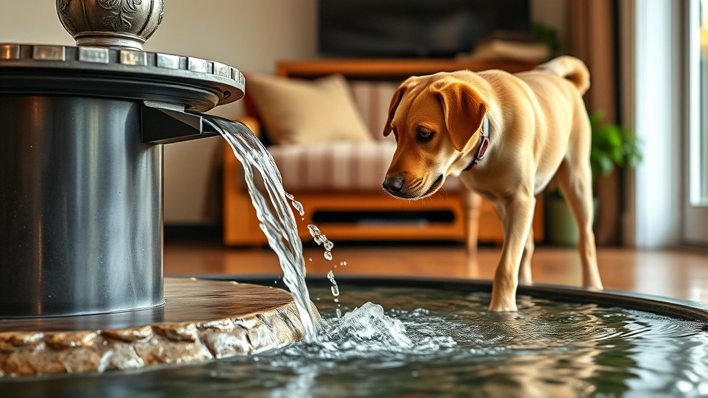 Labrador retriever playing with water fountain in living room, water cascading down, dog looking at moving water stream