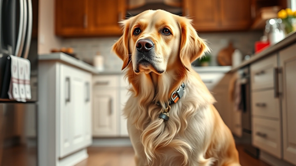 Golden Retriever sitting alertly in a kitchen near a counter, photorealistic, natural lighting, focused dog expression, home interior background