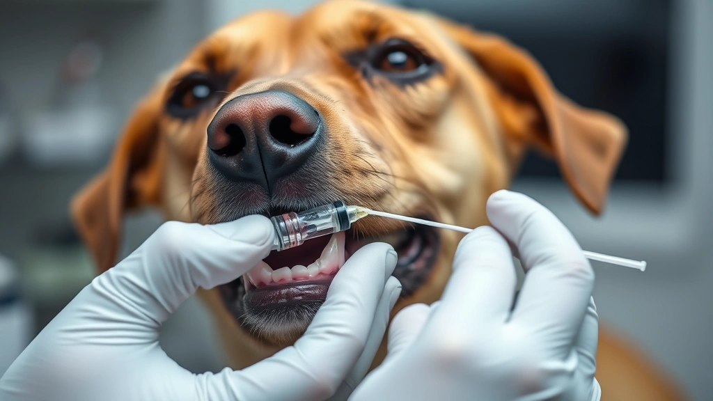 Close-up of a veterinarian's hands holding a syringe with clear liquid, examining a brown dog's mouth, clinical setting, soft professional lighting