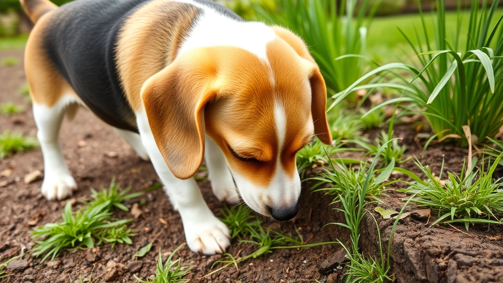 Beagle sniffing the ground outdoors in a garden with green plants and grass, curious expression, natural daylight, outdoor environment