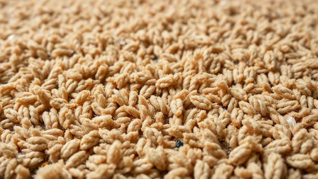 Close-up of brown carpet texture with moisture, showing fiber detail, photorealistic style, indoor lighting