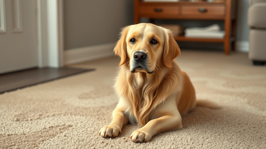 Golden retriever sitting on beige carpet looking guilty, soft indoor lighting, photorealistic pet photography