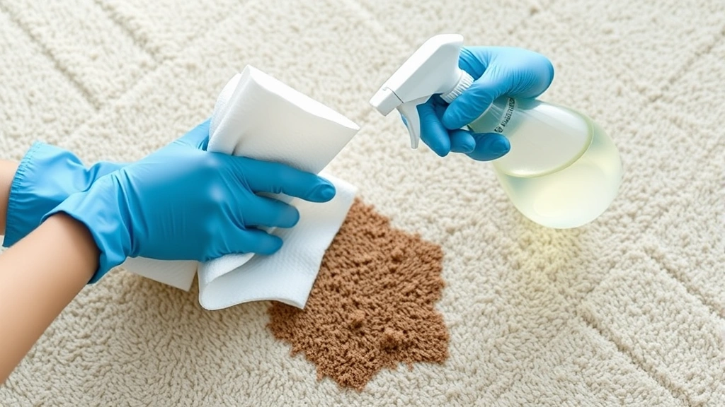 Hands wearing blue gloves holding paper towels and spray bottle over carpet stain, natural lighting, photorealistic cleaning scene