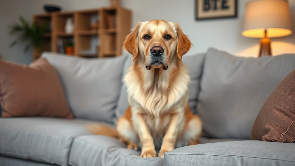 Golden retriever sitting on a light gray couch looking guilty, realistic photograph, warm living room lighting