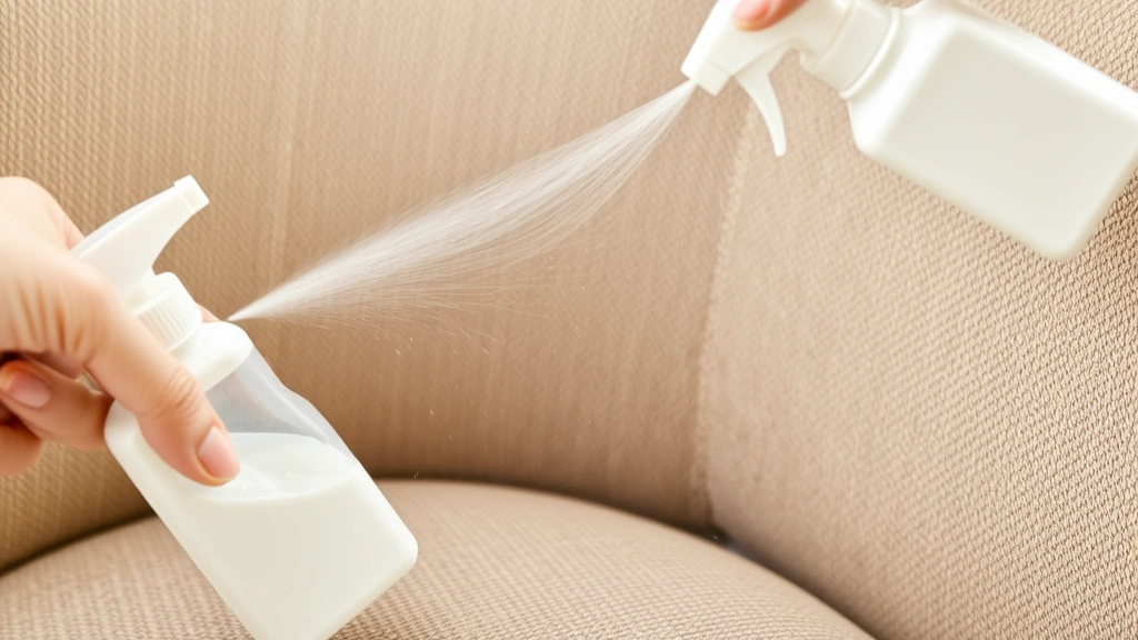 Close-up of white enzymatic cleaner bottle being sprayed on beige upholstery fabric, action shot showing cleaning process