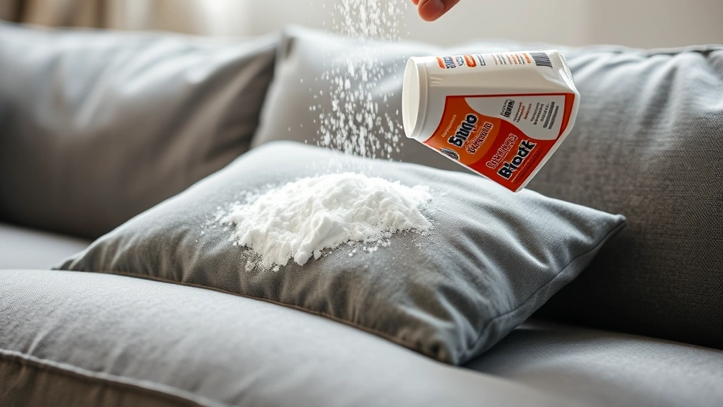 Baking soda being sprinkled onto a gray couch cushion with blurred background, detailed product application scene