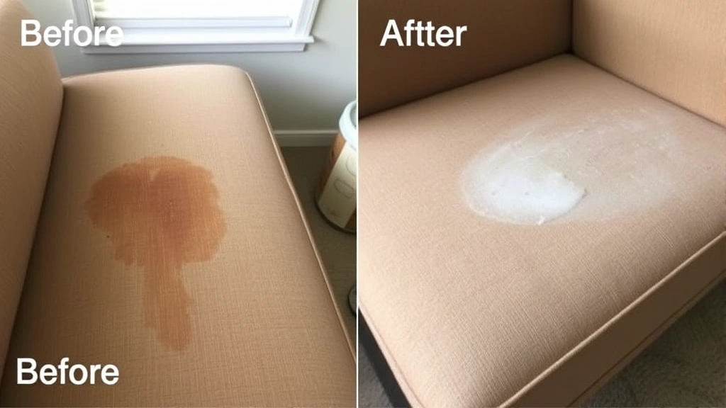 Before and after comparison: left side showing a stained couch area, right side showing the same spot completely cleaned and fresh after treatment