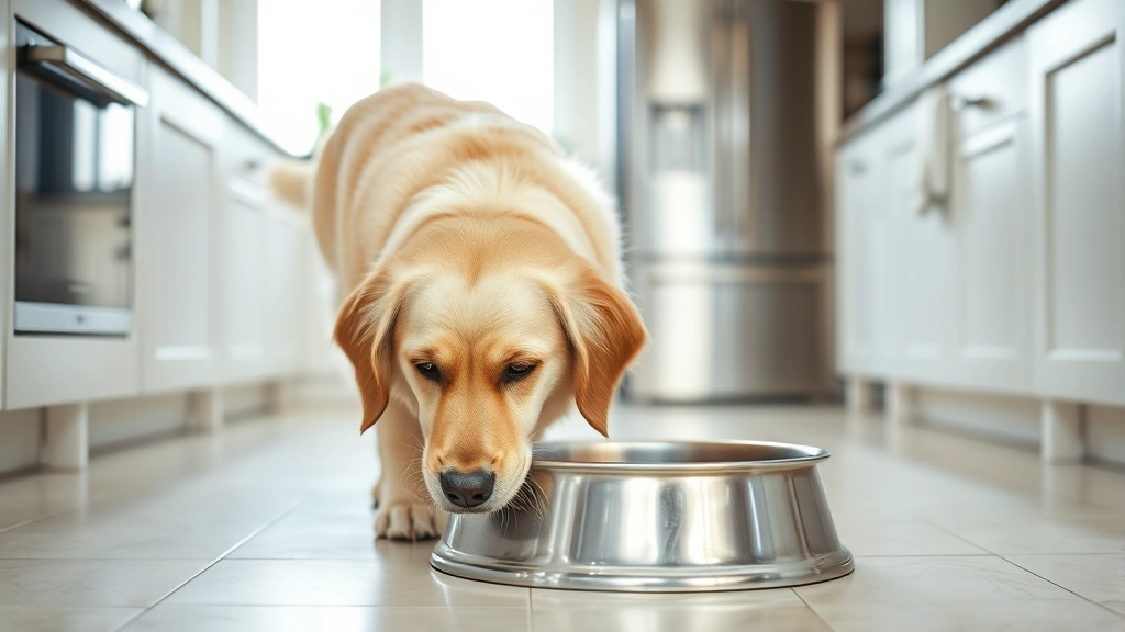 Golden Retriever happily drinking from a stainless steel water bowl in a bright, sunlit kitchen with tile flooring, focused on the dog's face and water interaction
