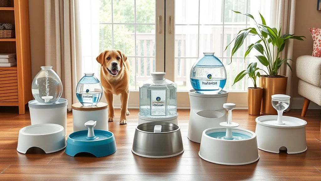 Multiple water bowls and fountains arranged in a home setting, showing variety of dog hydration stations with fresh water, photorealistic home interior