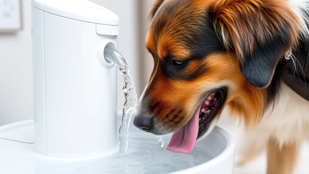 Dog drinking from a modern pet water fountain with flowing water feature, close-up of dog's face and tongue, showing the fountain's water circulation