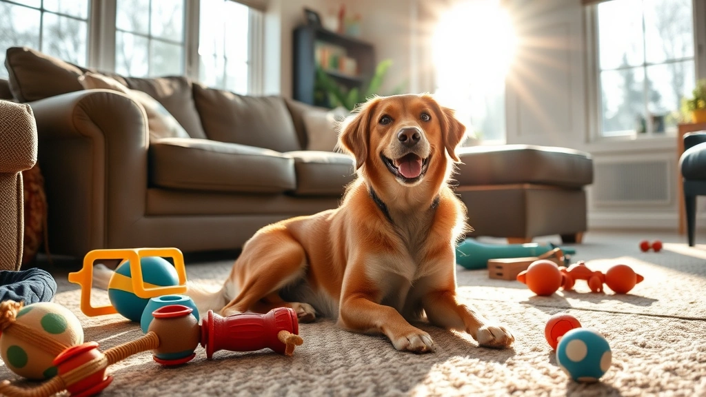Dog sitting peacefully in a living room with toys scattered around, sunlight streaming through windows, relaxed body language and happy expression