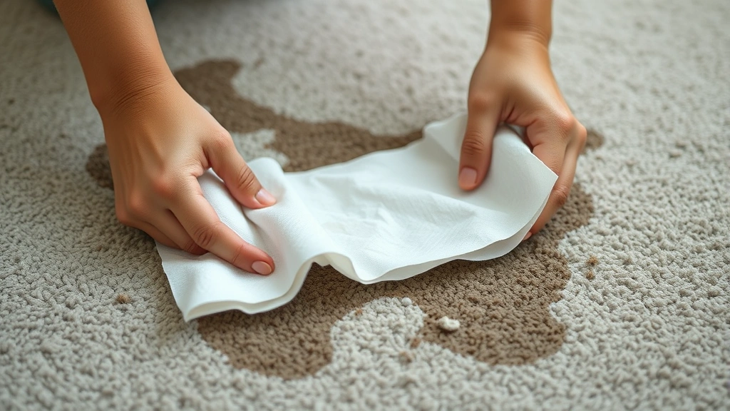 Close-up of person using paper towels to blot wet carpet stain, hands in frame, focused cleaning action, natural lighting
