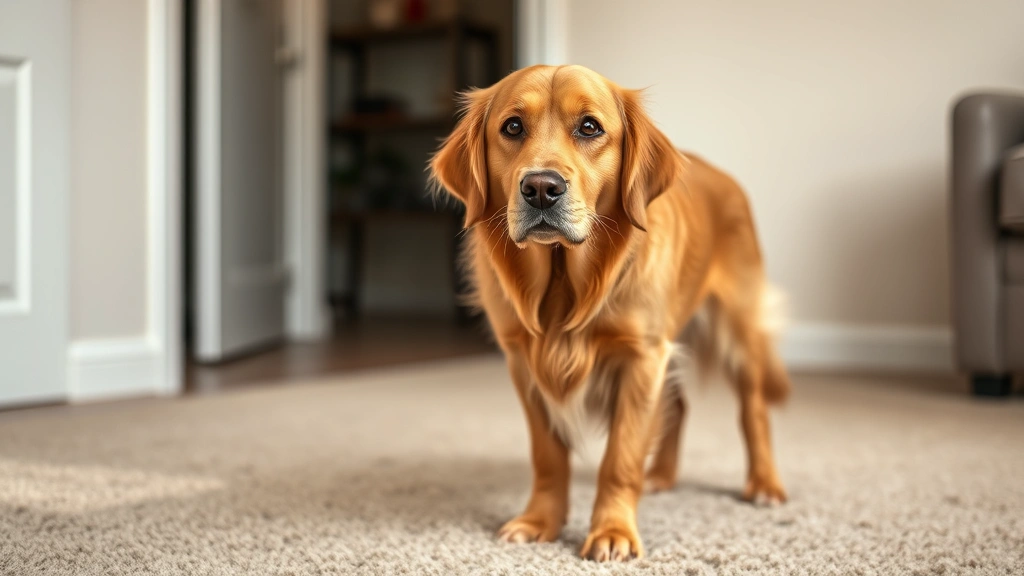 Golden Retriever standing on beige carpet with concerned expression, soft indoor lighting, clean background