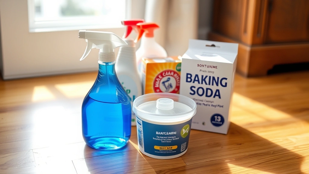 Spray bottle and baking soda container next to carpet cleaning supplies on wooden floor, organized arrangement, bright daylight