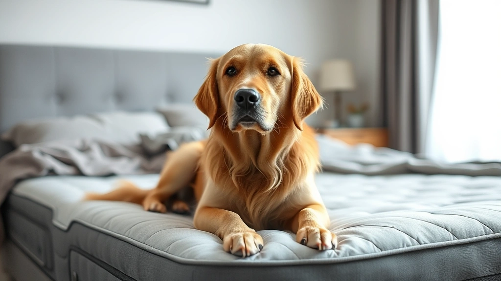Golden retriever sitting on a light gray mattress looking guilty, natural bedroom lighting, soft focus background