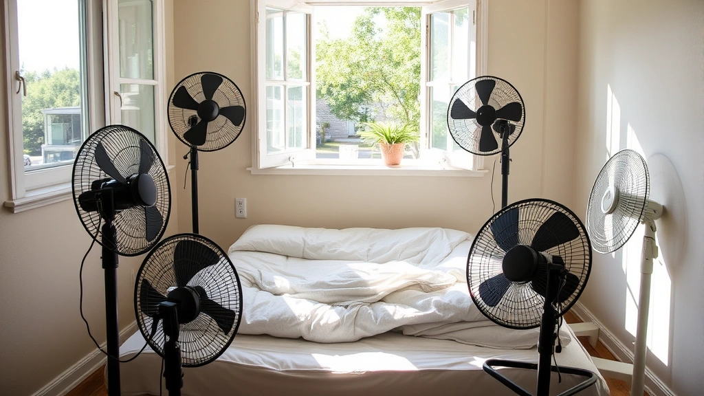 Multiple fans positioned around an upright mattress in sunlight near an open window, showing air circulation setup for drying