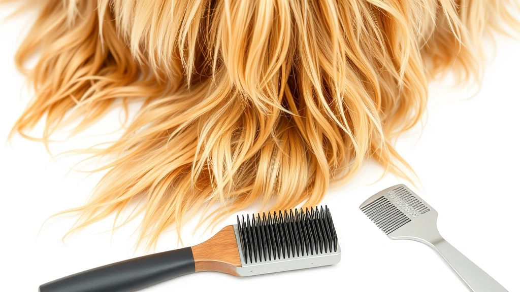 Close-up of a golden retriever's matted fur showing tangled hair texture, professional grooming tools like slicker brush and metal comb nearby on white surface