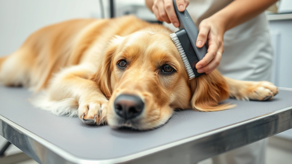 Golden retriever lying on grooming table getting brushed with slicker brush, groomer's hands visible working through coat, bright professional grooming salon setting