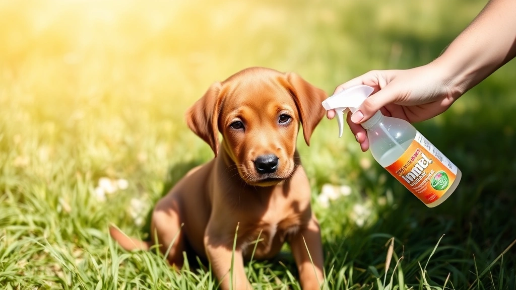 Labrador puppy sitting outdoors in grass with detangling spray bottle being applied to coat, sunny day with natural light, dog looking calm and relaxed