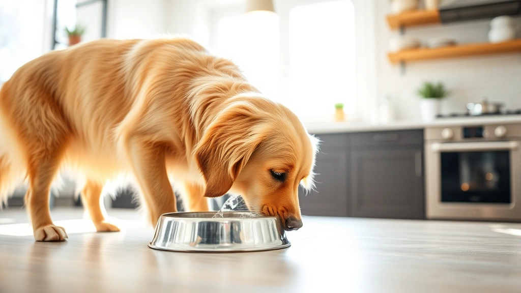 Golden Retriever drinking water from a stainless steel bowl in a bright kitchen, fresh and clean setting