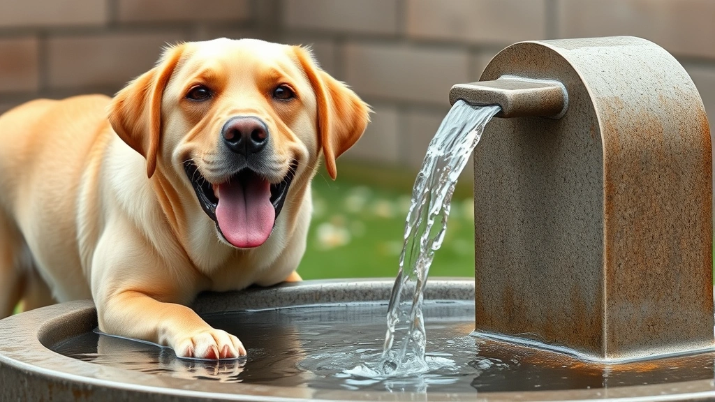 Happy Labrador enjoying water from a modern pet water fountain with flowing water, playful expression