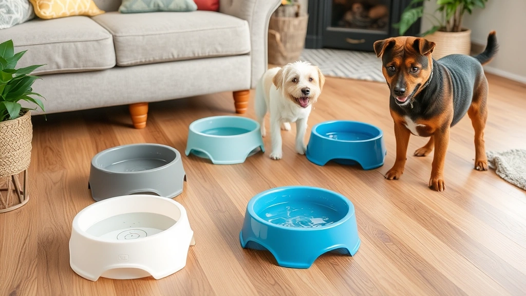 Multiple dog water bowls in different materials and colors placed around a living room, showing hydration accessibility