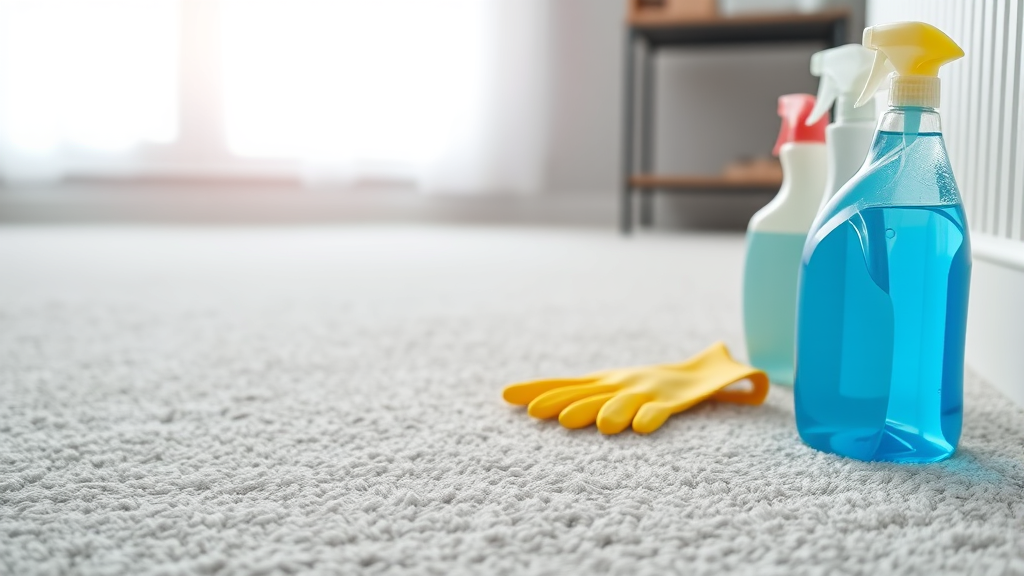 Clean carpet with cleaning supplies and protective gloves nearby, bright indoor lighting, no text no words no letters