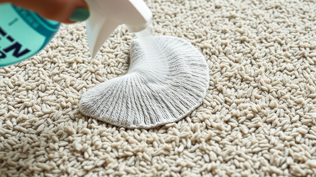 Close-up carpet fibers being cleaned with spray bottle and cloth, detailed texture visible, no text no words no letters