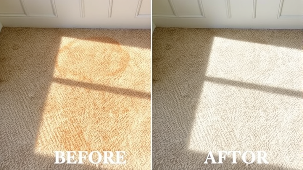 Before and after comparison of stained versus clean carpet sections, natural lighting, no text no words no letters