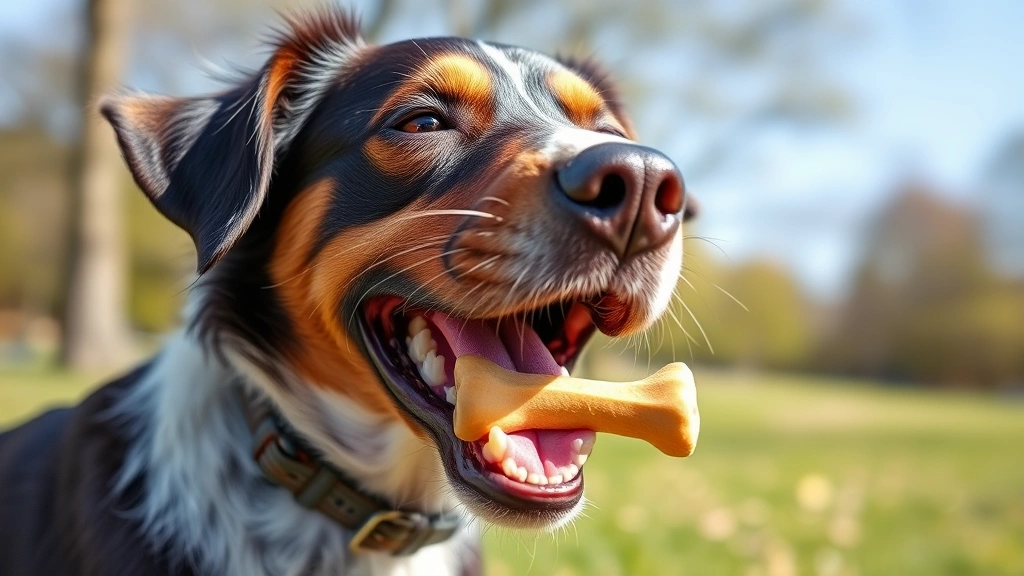 Happy medium-sized dog chewing on a dental chew treat outdoors in bright daylight, showing engagement and enjoyment