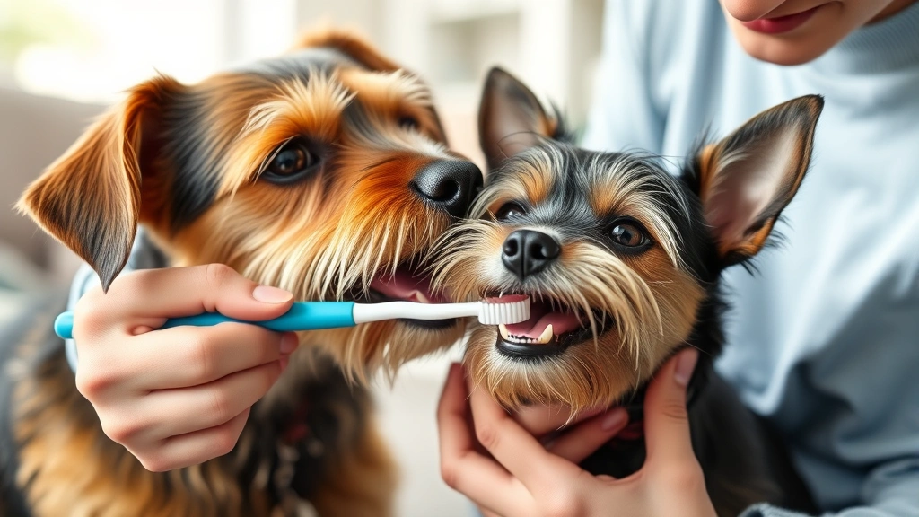 Dog owner gently brushing their small terrier's teeth with a soft toothbrush, both looking calm and comfortable in a home setting