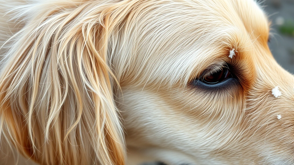 Golden retriever with visible dandruff flakes in coat, close-up of dry skin texture, natural lighting showing white scaling
