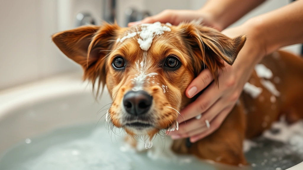 Dog being bathed with lukewarm water in professional grooming setup, hands gently massaging shampoo into fur, soft focus background